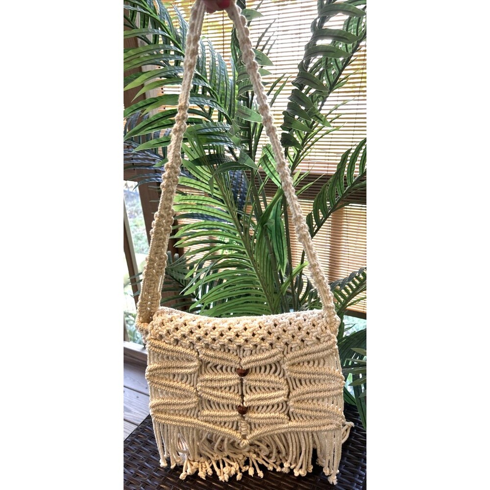 VTG Fine Arts Bag Co. Shoulder Bag Tote Purse Ivory Cotton Woven Crochet-Macrame